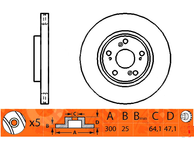 Диск тормозной HONDA CR-V II 16" 05-06/ACCORD 16" 03- передний вент. D 300мм.